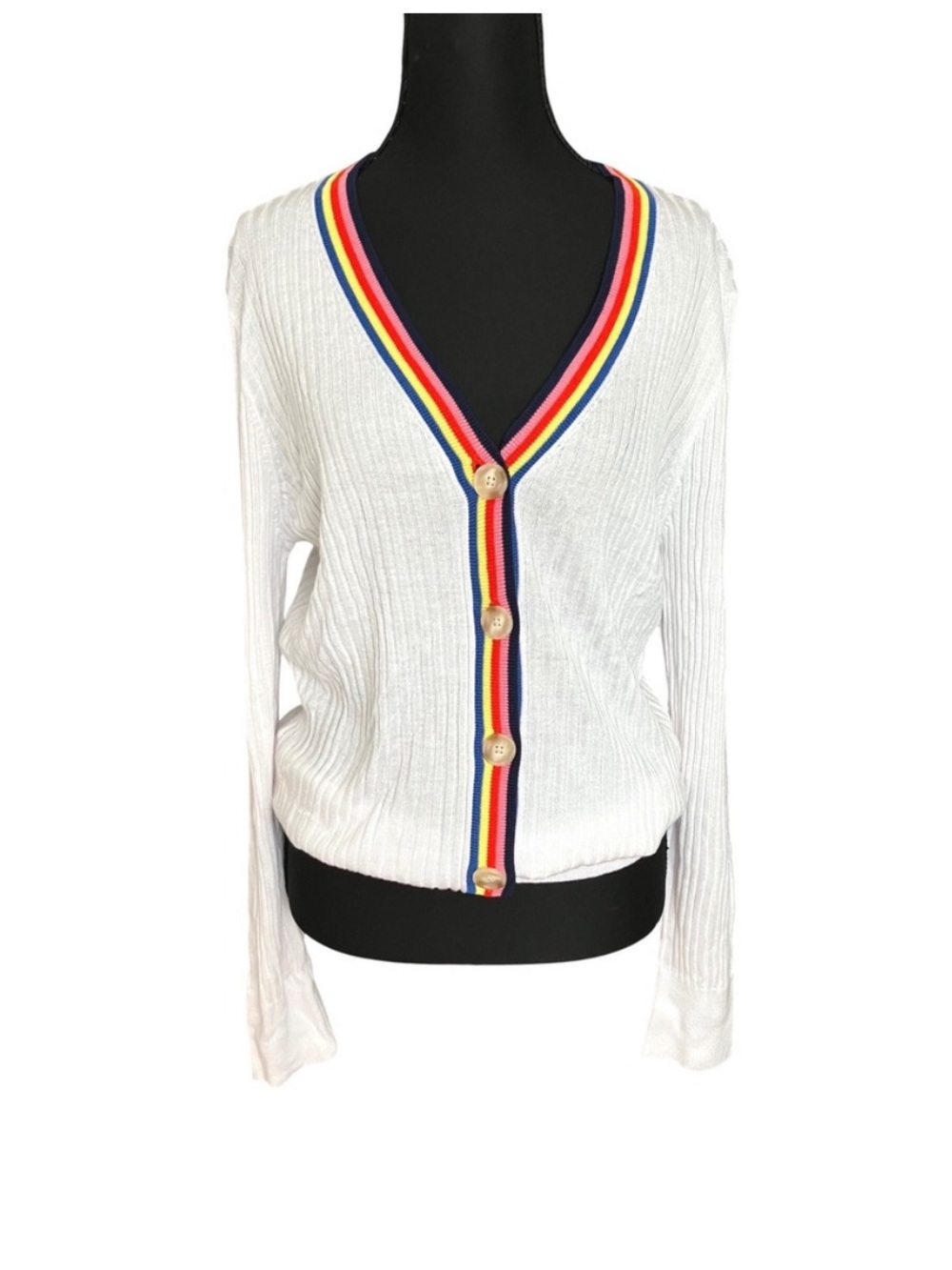 Loft Ann Taylor White Ribbed Cardigan Sweater Rainbow Striped Trim Buttons Y2K S